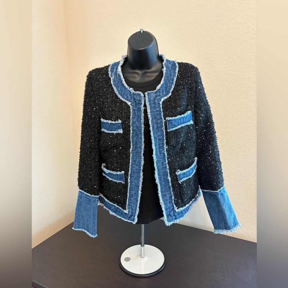 NANETTE LEPORE Black/denim Boucle Jacket With Denim Trim